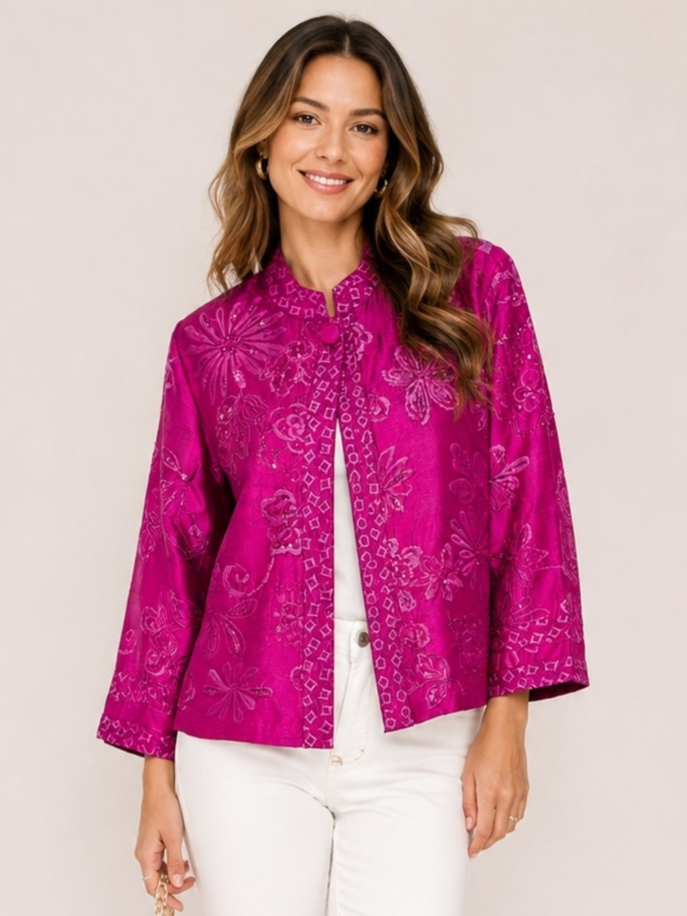 Chico’s 100% Silk Fuchsia Embroidered Sequin Jacket Size 1 Boho Art to Wear